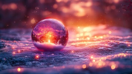 A mesmerizing crystal orb reflecting enchanting colors and a sparkling glow on a tranquil surface under sunset light