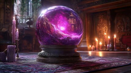 A mystical crystal ball reflecting a galaxy scene inside a dimly lit room adorned with candles and rich decor