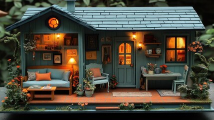 Charming miniature dollhouse capturing a cozy and inviting living space with warm lighting, lush greenery, and intricate details