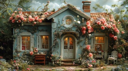A charming blue cottage surrounded by blooming roses and lush greenery, evoking feelings of tranquility and romance