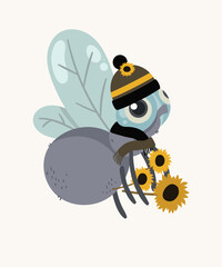 Flat Design Illustration with Fly Insect and Wearing a Hat, Scarf Holding Sunflower Flowers