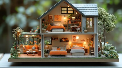Charming miniature house model showcasing cozy interiors with an inviting atmosphere and vibrant orange accents.