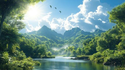 Breathtaking tropical landscape with serene river surrounded by lush mountains and vibrant foliage under a bright sky