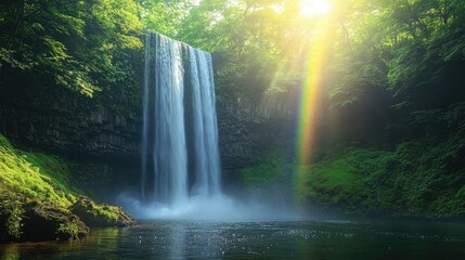 Stunning waterfall cascading into a tranquil pool surrounded by lush greenery and illuminated by soft sunlight