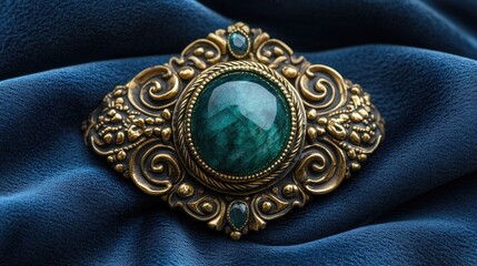 Intricately designed vintage brooch featuring a large emerald gemstone set against rich blue fabric
