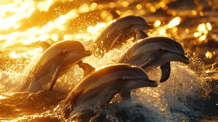 Group of dolphins leaping joyfully through shimmering ocean waves at sunset, capturing the essence of marine life in motion