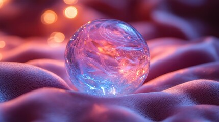 A mesmerizing crystal orb reflecting soft pastel colors, resting on a plush, textured surface illuminated by gentle bokeh lights