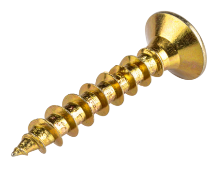 Golden Coated Drywall Screw with Countersunk Head, isolated on a transparent background.