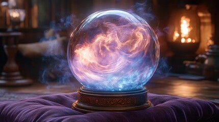 A mystical crystal ball illuminating the darkness with vibrant colors and swirling patterns, set in a cozy, enchanting room.