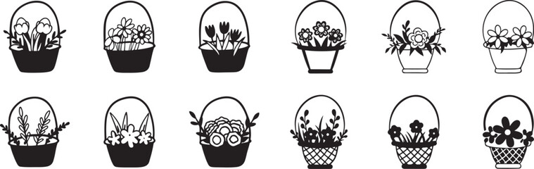 Blooming Basket Vector Illustrations.