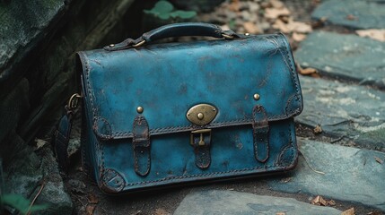 Vintage leather messenger bag resting on stone path surrounded by greenery, showcasing wear and character in an outdoor setting