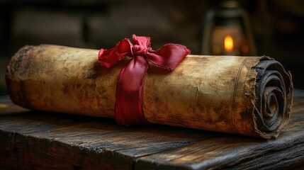 Exquisite vintage scroll tied with a red ribbon resting on an antique wooden table illuminated by warm candlelight