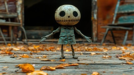 Whimsical handmade doll with a large head and expressive face standing in a rustic outdoor setting, surrounded by autumn leaves