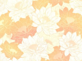 オレンジと黄色の花々 明るいボタニカル線画背景 シームレス