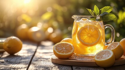 Refreshing summer lemonade in a pitcher surrounded by fresh lemons, capturing the essence of sunny days