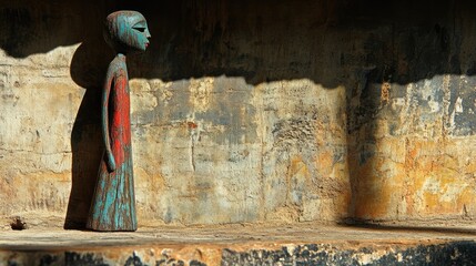 A solitary carved wooden figure standing against a weathered wall, bathed in natural light, showcasing artistry and cultural nuances.
