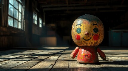 A whimsical wooden toy figure smiling brightly in a sunlit, abandoned industrial space with rustic wooden floors.