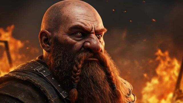 Intense warrior with a fierce expression stands amidst a fiery battlefield, showcasing strength and resilience - bald dwarfs