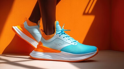 Vibrant athletic shoes displayed in sunlight against a bright orange backdrop, showcasing modern design and comfort for active lifestyles.