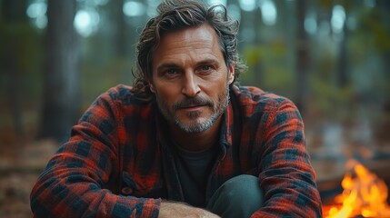 A rugged man in a flannel shirt enjoys a tranquil moment by the campfire in the woods, surrounded by serene nature.