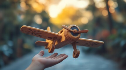 A child's hand reaching out to catch a flying wooden toy airplane set against a warm sunset background in a tranquil park