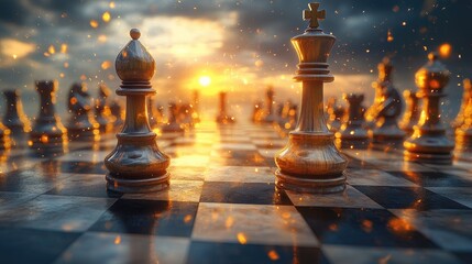 Dramatic sunset illuminating a chessboard with king and queen pieces in the foreground, highlighting strategic gameplay and competition.