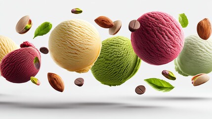 Colorful assortment of ice cream flavors and nuts are flying through the air. Concept of fun and excitement, as if the ice cream is being tossed around in a playful manner