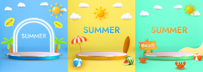Set Podium Summer Themed Colorful Backgrounds with Seasonal Decorations and Beach Items
