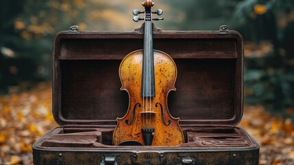 An antique violin in a vintage case placed in a serene forest setting surrounded by autumn leaves and soft blurred background