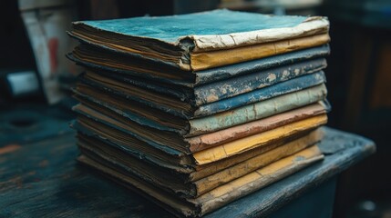 A stack of vintage books with worn covers, showcasing various colors and textures, resting on a wooden surface in a cozy setting.