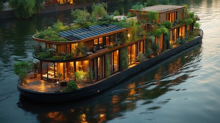A sustainable floating home adorned with lush greenery and solar panels, showcasing eco-friendly living on a serene waterway at dusk