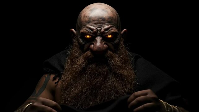Mysterious figure with glowing eyes holding a dark cloth, set against a black background, evoking intrigue - bald dwarfs