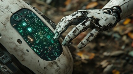 A robotic hand reaching out to interact with a futuristic control panel, showcasing advanced technology and artificial intelligence in a rugged environment.