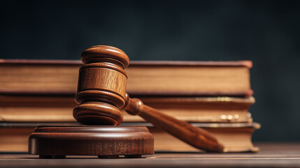 Wooden gavel and law books symbolize justice and legal authority.