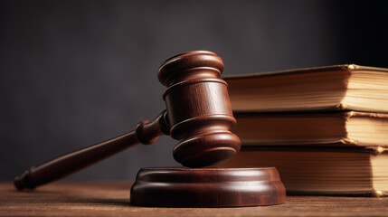Wooden gavel and law books symbolize justice and legal authority.