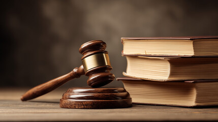 Wooden gavel and law books symbolize justice and legal authority.