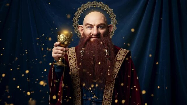 A regal figure with a beard holding a goblet, adorned in rich robes, set against a lavish backdrop - bald dwarfs