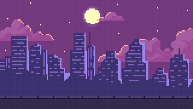 Pixel art night cityscape 8bit video game background, vector skyscrapers silhouettes, full moon light on starry sky