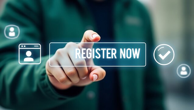 Person's finger pressing register now button on digital interface for enrollment