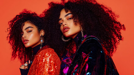 Naklejka premium Portrait of two fashionable women with afro hair and glossy skin against a red background