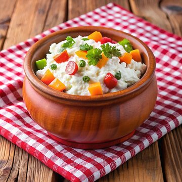 Cottage Cheese with Fresh Vegetables in Piyala, Served on Red Checkered Napkin on Wooden Background for Healthy Meals