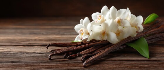 Fototapeta premium Elegant white orchids and vanilla sticks on rustic wooden surface