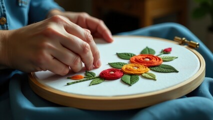 Close-up of hands embroidering colorful floral design on fabric hoop.