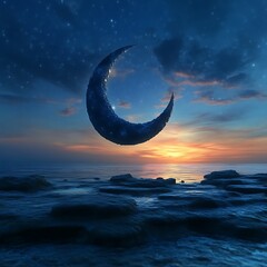 Crescent moon over tranquil ocean at sunrise