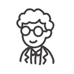 Male scientist character with curly hair and eyeglasses in cartoon science sketch style
