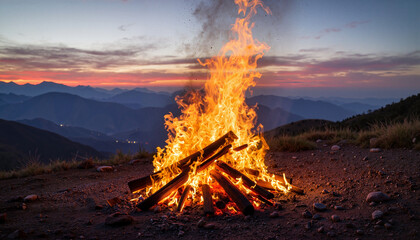Eternal flame dancing under dramatic mountain skyline, natural beauty