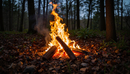 Eternal flame flickering in serene forest under soft rain, introspection