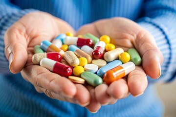 Close-Up of Pills in Human Hand on Light Background