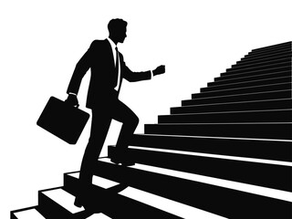 businessman running on stairs, Silhouette of a man walking up a staircase, representing progress and success
