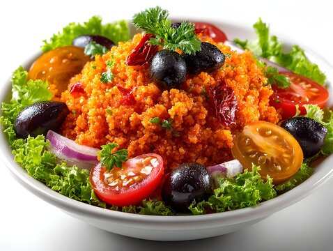 A vibrant and healthy Mediterranean buur salad is served in a white bowl garnished with olives tomatoes and fresh parsley.